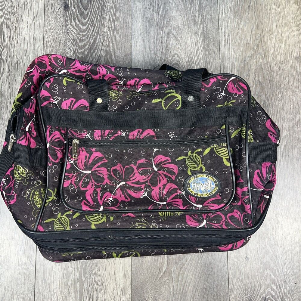 Hawaii Spirit Floral Turtle Travel Duffel Bag Grey Pink Wheels & Shoulder Strap